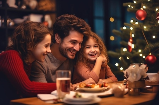 冬休みと人々のコンセプトクリスマスと新年を祝うテーブルで幸せな家族ホームホリデーぼやけた背景選択と集中