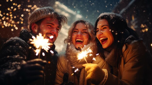 Photo winter holidays and people concept happy friends with sparklers celebrating christmas at home on snow