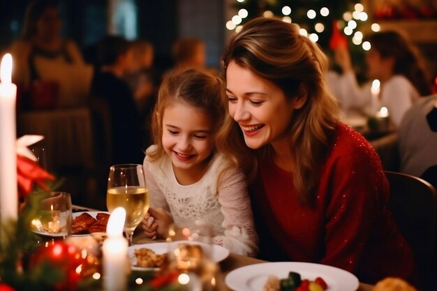 Winter holidays and people concept mother and daughter at the table celebrating christmas and new year Home holiday Blurred background Selective focus