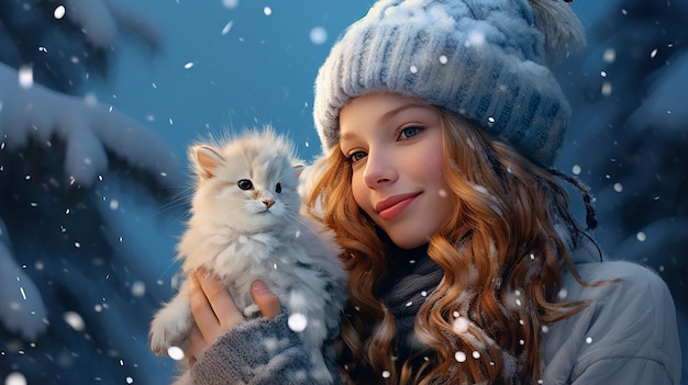 winter holidays in snow with a woman holding a white cat