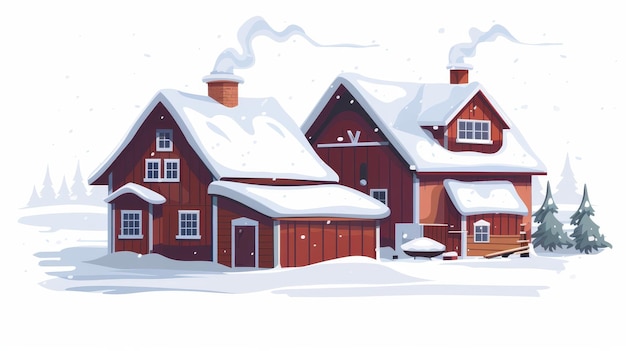 Winter house and barn with snowcovered roofs and smoke from chimney Country home built outside in frost during cold snowy season Flat graphic modern illustration isolated on white background