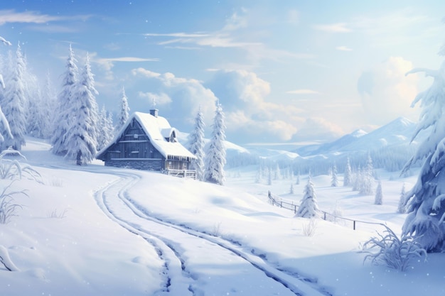 Winter house in mountain village covered with snow pine trees in sunny day Holiday concept