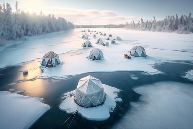 Winter ice fishing in tents Generative AI