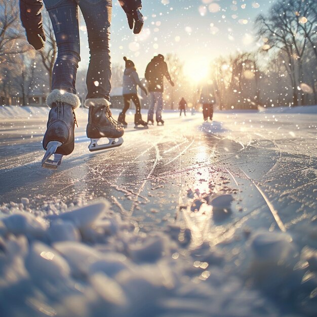 雪道でスケートボードをしている人々の冬のアイススケートグループ