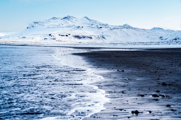 Winter iceland landscape traveling along the golden ring in\
iceland by car winter when the ground and the mountains are covered\
by snow black sand beach