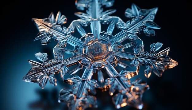 Winter icy close up blue crystal snowflake nature frozen decoration generated by artificial intelligence