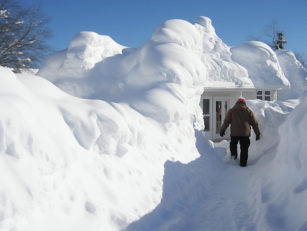 A winter image of a man walking to his home covered in snow from a huge snowstorm