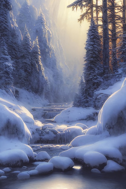 Winter in het bos met besneeuwde bomen en een spectaculair berglandschap dat gloeit door zonlicht
