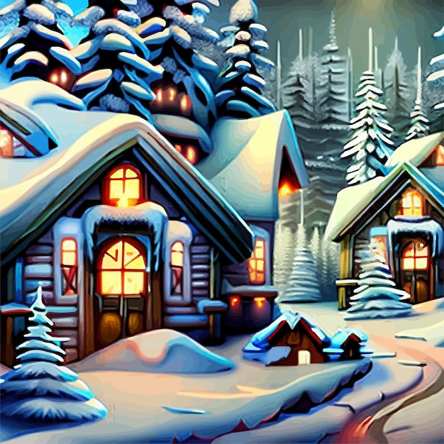 Winter is coming Snowy night with coniferous forest houses in snow light garlands falling snow fores