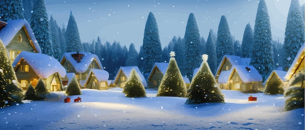 Photo winter is coming snowy night with coniferous forest houses in snow light garlands falling snow fores