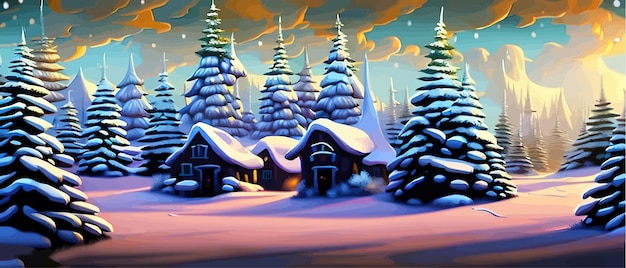 Winter is coming Snowy night with coniferous forest houses in snow light garlands falling snow fores