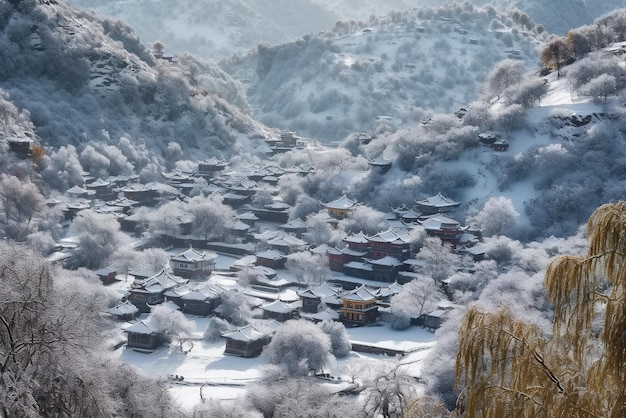 Winter is een eenvoudig dorp in de Alpen in de winter Retrofilter toegevoegd