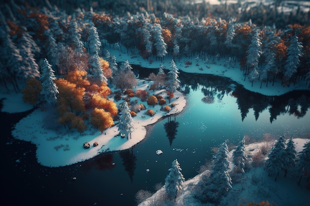 겨울이 오고 있습니다 숲은 눈으로 덮여 있고 가을과 겨울은 모두 폴란드의 풍경을 한 장의 항공 사진으로 보여줍니다.