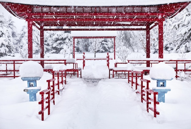 Winter Japanese garden in Almaty