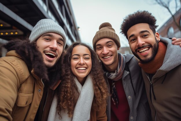 Foto winter joy multiracial millennial friends omarmen stedelijke jeugd levensstijl