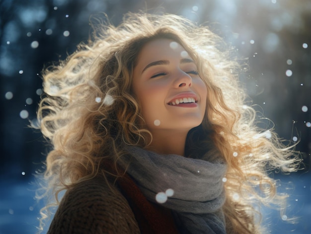 装飾されたクリスマスツリーの下の冬の公園で屋外で楽しんでいる冬の喜びの美しい女の子