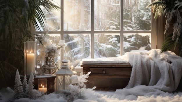 A winter jungle scene with sp vegetation covered in a blanket of snow Soft sunlight streams