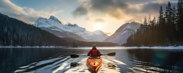 Foto kayak invernale uomo che pagaia su un kayak da mare tra iceberg generativo ai