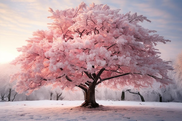 Winter kersenbloesemboom in volle bloei ondanks het feit dat het bedekt is met ijs en sneeuw