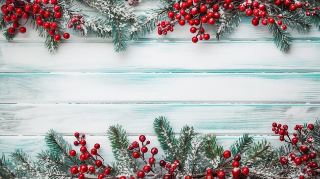 winter kerst dennen takken en levendige rode bessen op een rustieke houten achtergrond