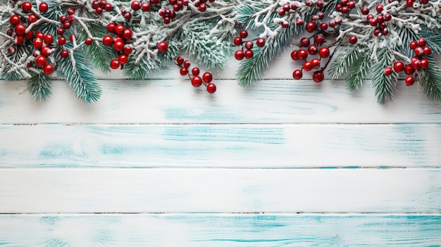 winter kerst dennen takken en levendige rode bessen op een rustieke houten achtergrond