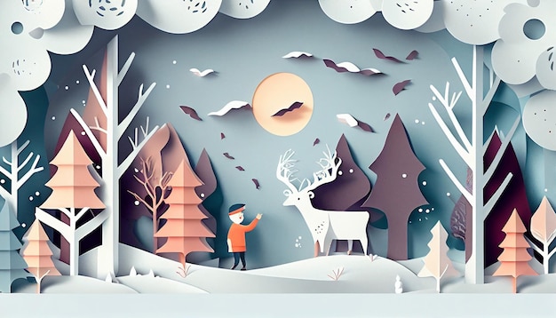 Winter kids background in paper cut style Generative AI