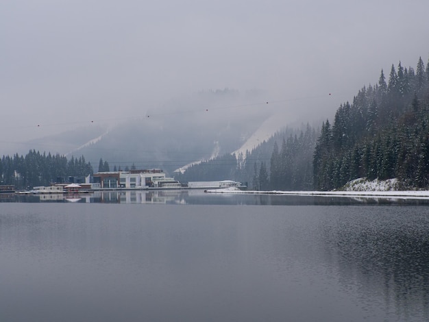 Winter lake and forest in the Carpathians