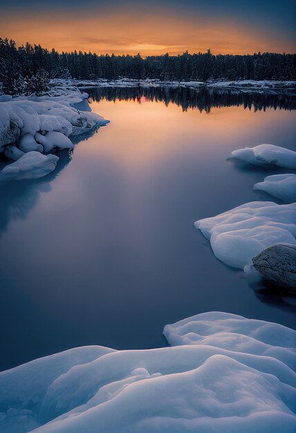 Winter lake and snowcovered trees in a winter forest Winter nature at sunset