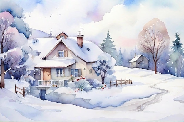 Winter Landscape Background And Watercolor Winter House Background