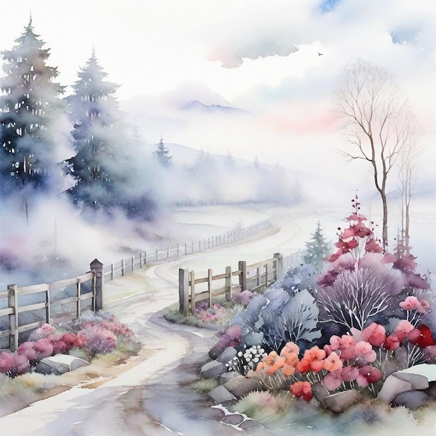 Winter Landscape Background And Watercolor Winter Village