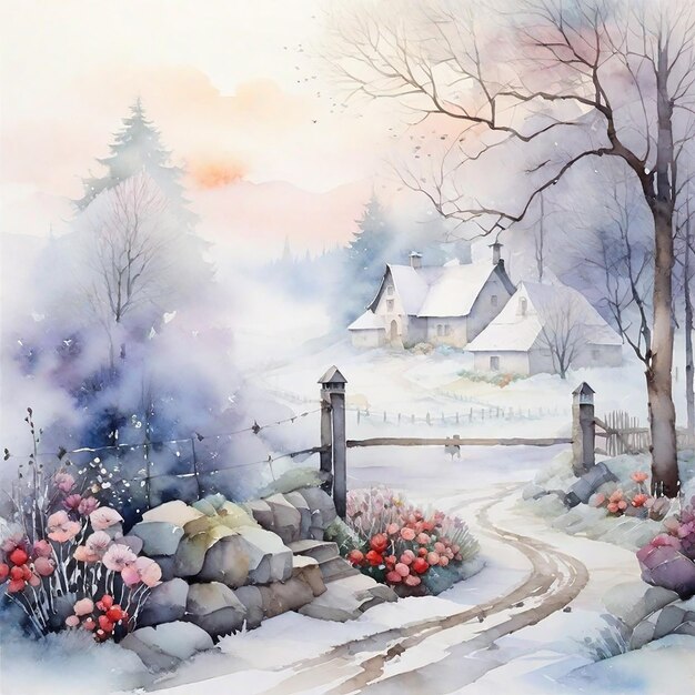 Winter Landscape Background And Watercolor Winter Village