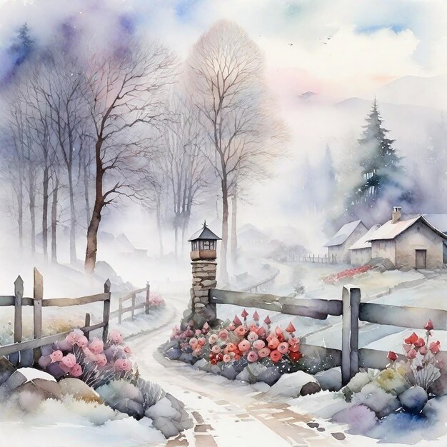 Winter Landscape Background And Watercolor Winter Village