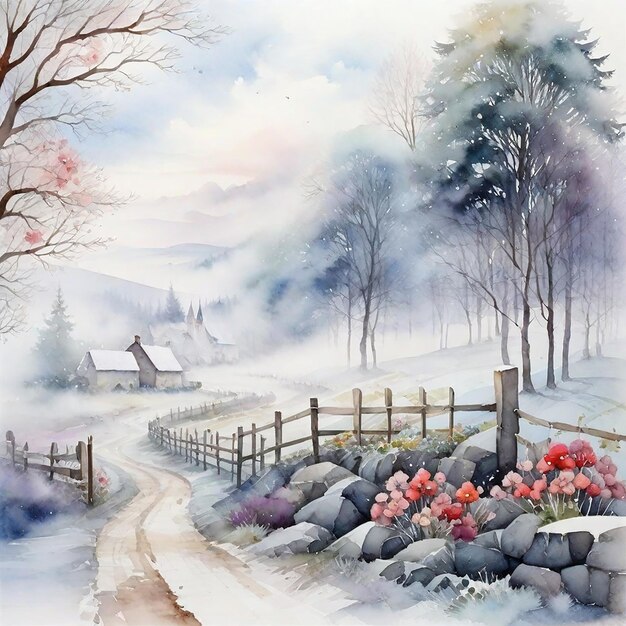 冬の風景 背景と水彩 冬の村
