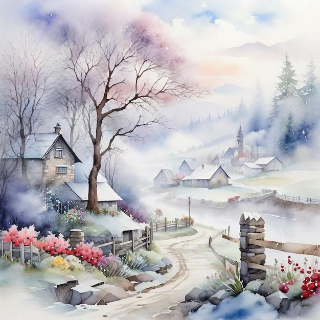 Winter Landscape Background And Watercolor Winter Village