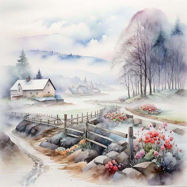 Winter Landscape Background And Watercolor Winter Village