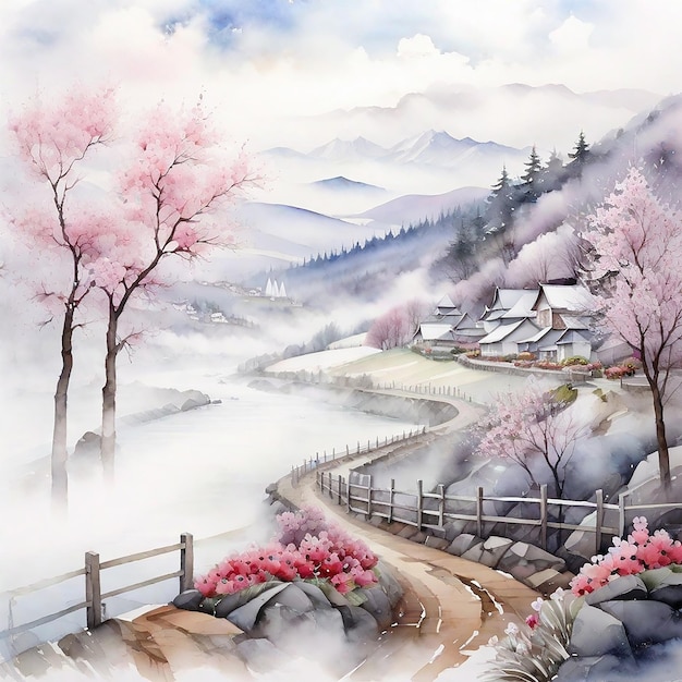 Winter Landscape Background And Watercolor Winter Village