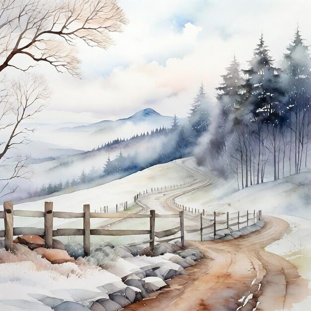 Winter Landscape Background And Watercolor Winter Village