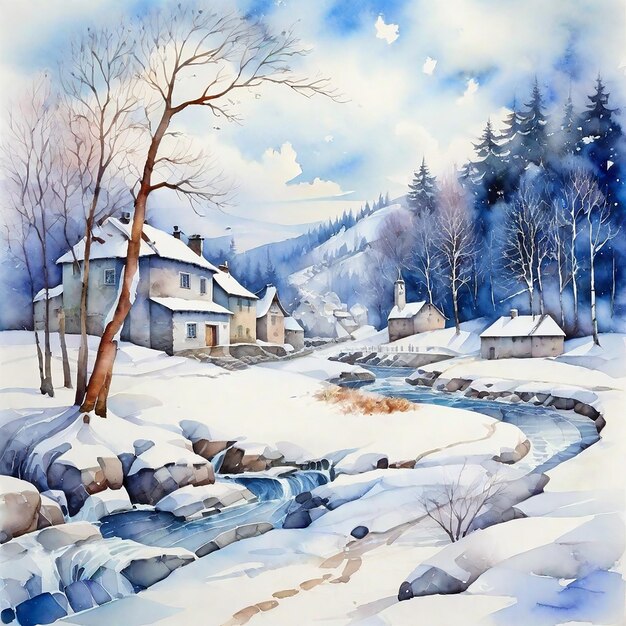 Winter Landscape Background And Watercolor Winter Village