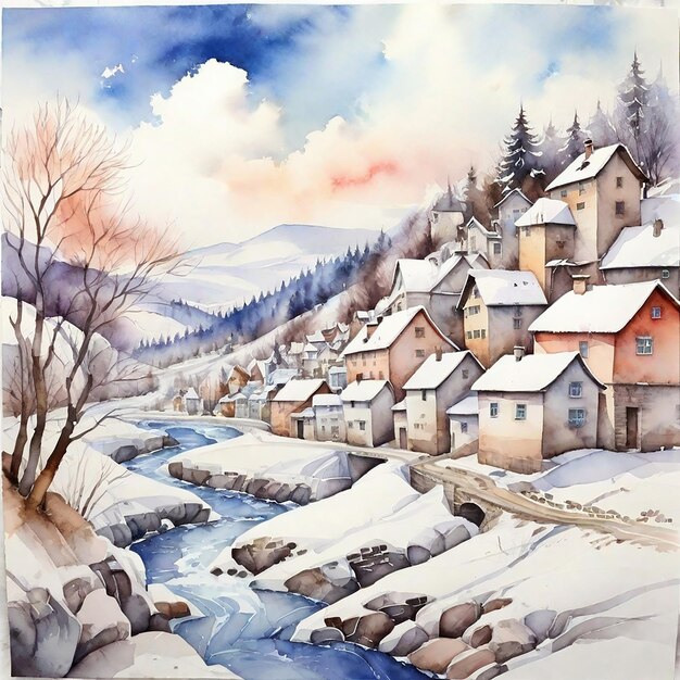 Winter Landscape Background And Watercolor Winter Village