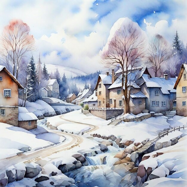 Winter Landscape Background And Watercolor Winter Village