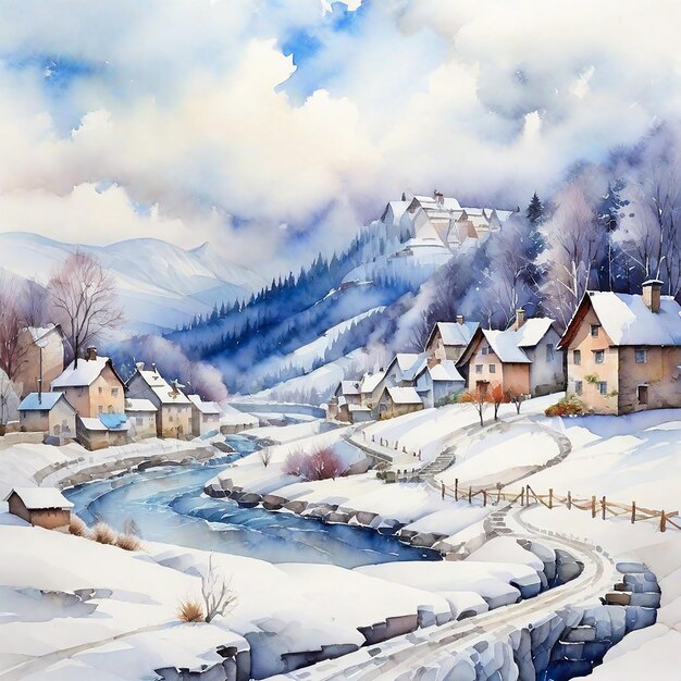 Winter Landscape Background And Watercolor Winter Village