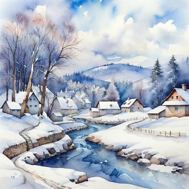 Winter Landscape Background And Watercolor Winter Village