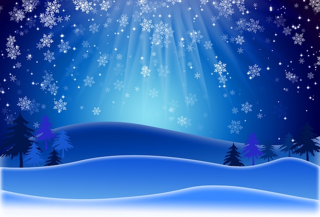 Fondo del paesaggio invernale con fiocco di neve sfocato e pino. cartolina d'auguri di buon natale e felice anno nuovo con copia spazio. colore blu classico alla moda.