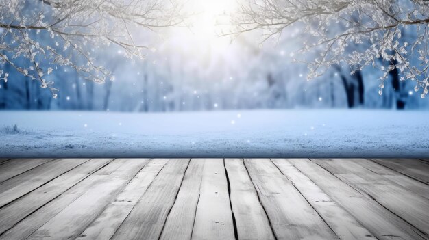 Winter landscape background with a wooden deck