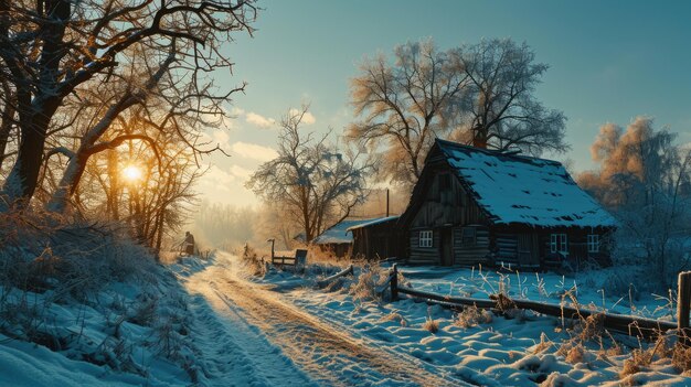 Winter landscape beautiful snowy landscape in sunny weather in a village outside the city Russian frosty winter