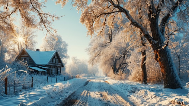 Winter landscape beautiful snowy landscape in sunny weather in a village outside the city Russian frosty winter
