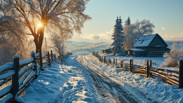 Winter landscape beautiful snowy landscape in sunny weather in a village outside the city Russian frosty winter