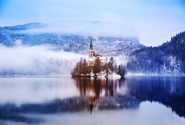 Winter landscape Bled Lake Travel Slovenia Europe Bled Lake amazing tourist attractions