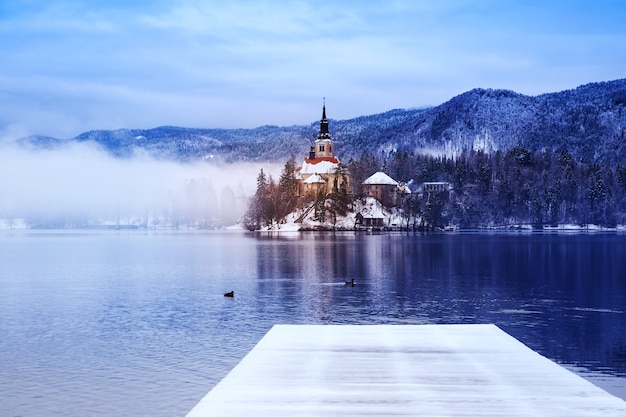 Winter landscape Bled Lake Travel Slovenia Europe Bled Lake amazing tourist attractions