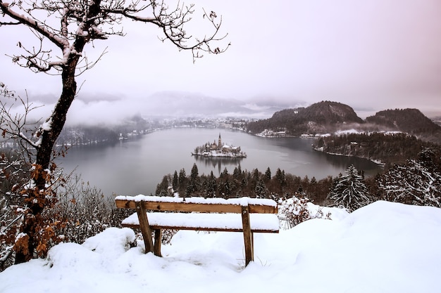 Winter landscape Bled Lake Travel Slovenia Europe